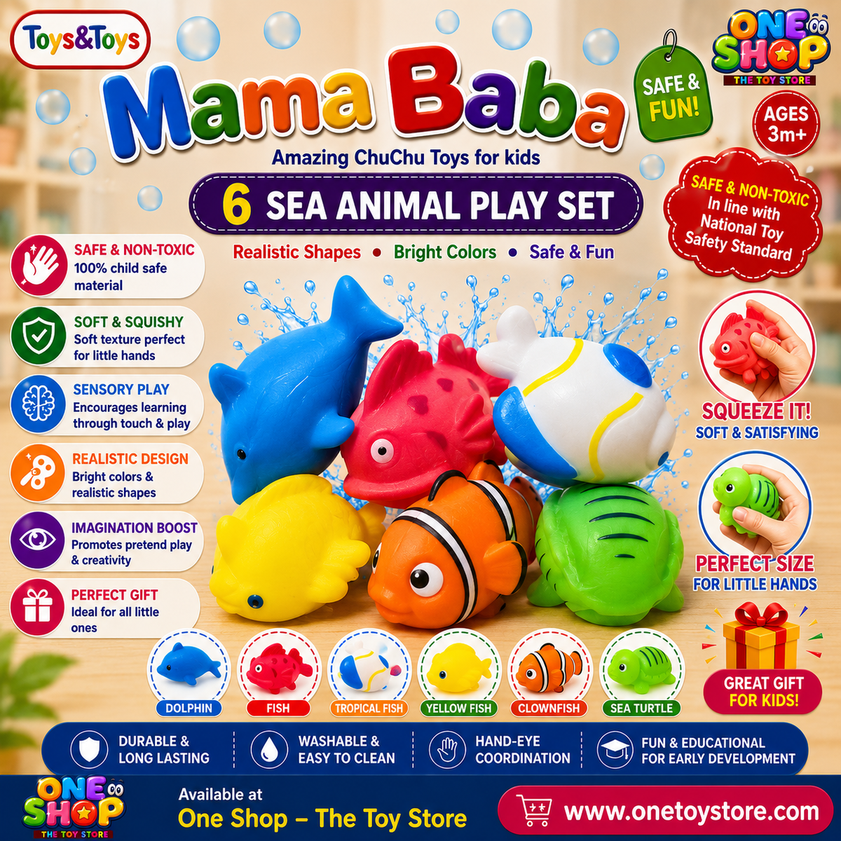 Mama Baba Ocean Animal Squeeze Toy Set – 6PCS Soft Sea Creature Bath Toys for Babies & Toddlers | Non-Toxic Sensory Water Play Toys