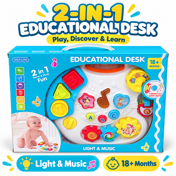 2-in-1 Baby Educational Activity Desk – Interactive Learning Table with Lights, Music, ABC Buttons & Spinning Gears | 18+ Months