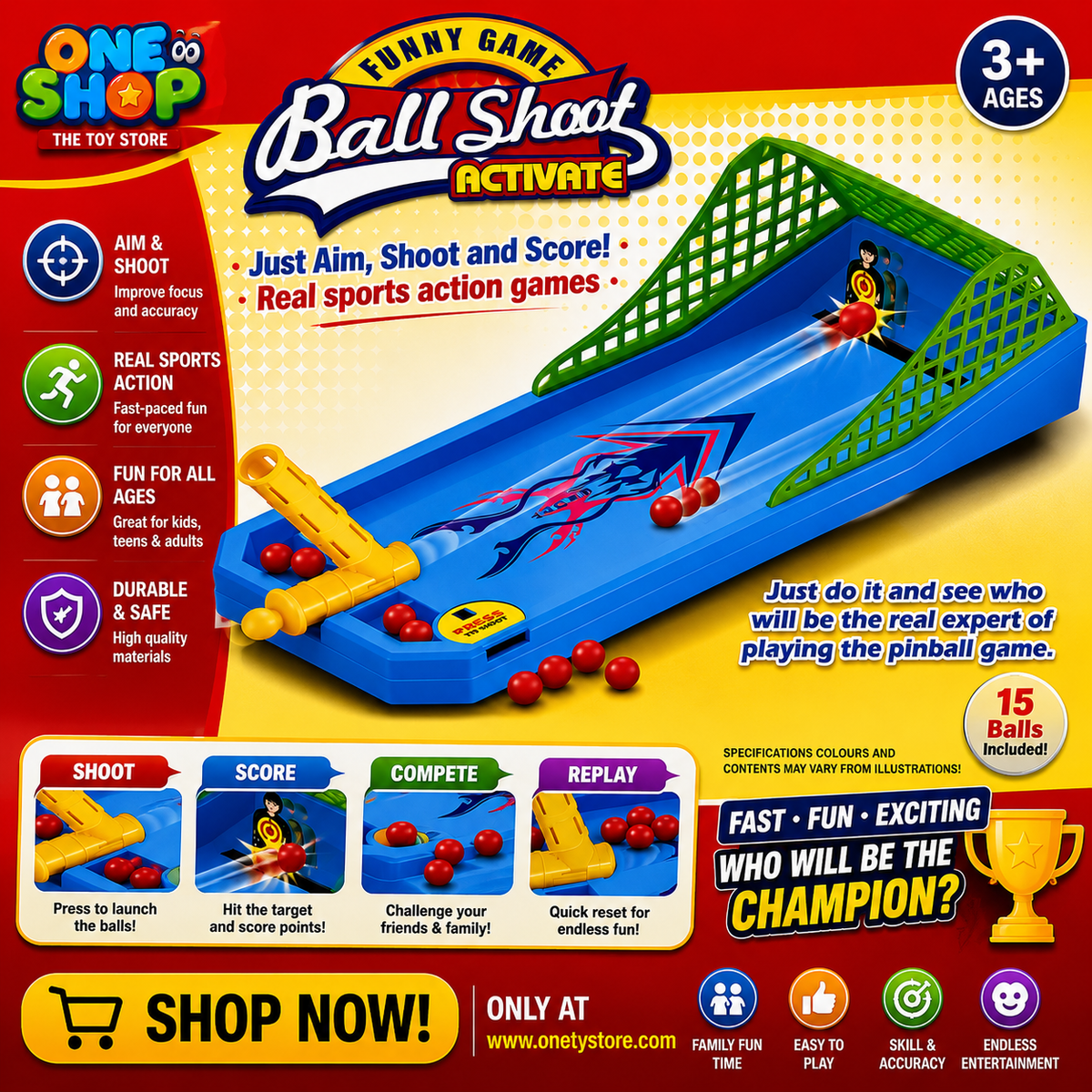 Ball Shoot Activate Tabletop Shooting Game for Kids – Interactive Target Practice Ball Launcher Toy with 15 Balls | Indoor Skill Development Game