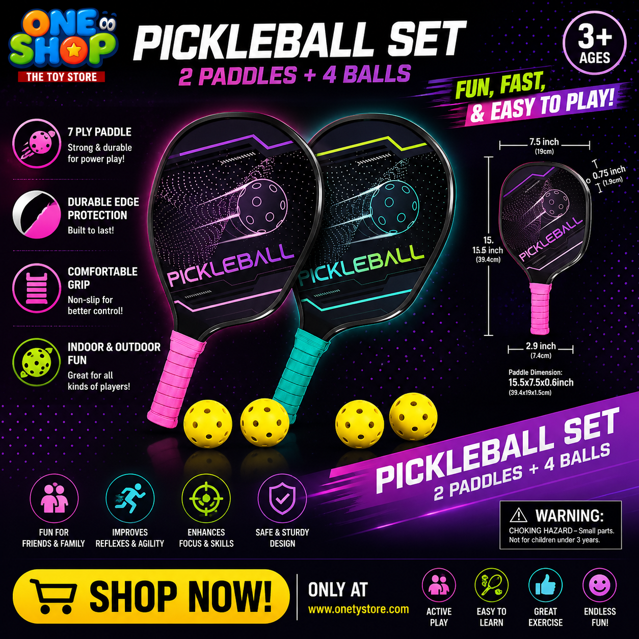 Premium Pickleball Set – 2 Pickleball Paddles & 4 Balls | Outdoor Family Sports Game Kit for Kids, Teens & Adults