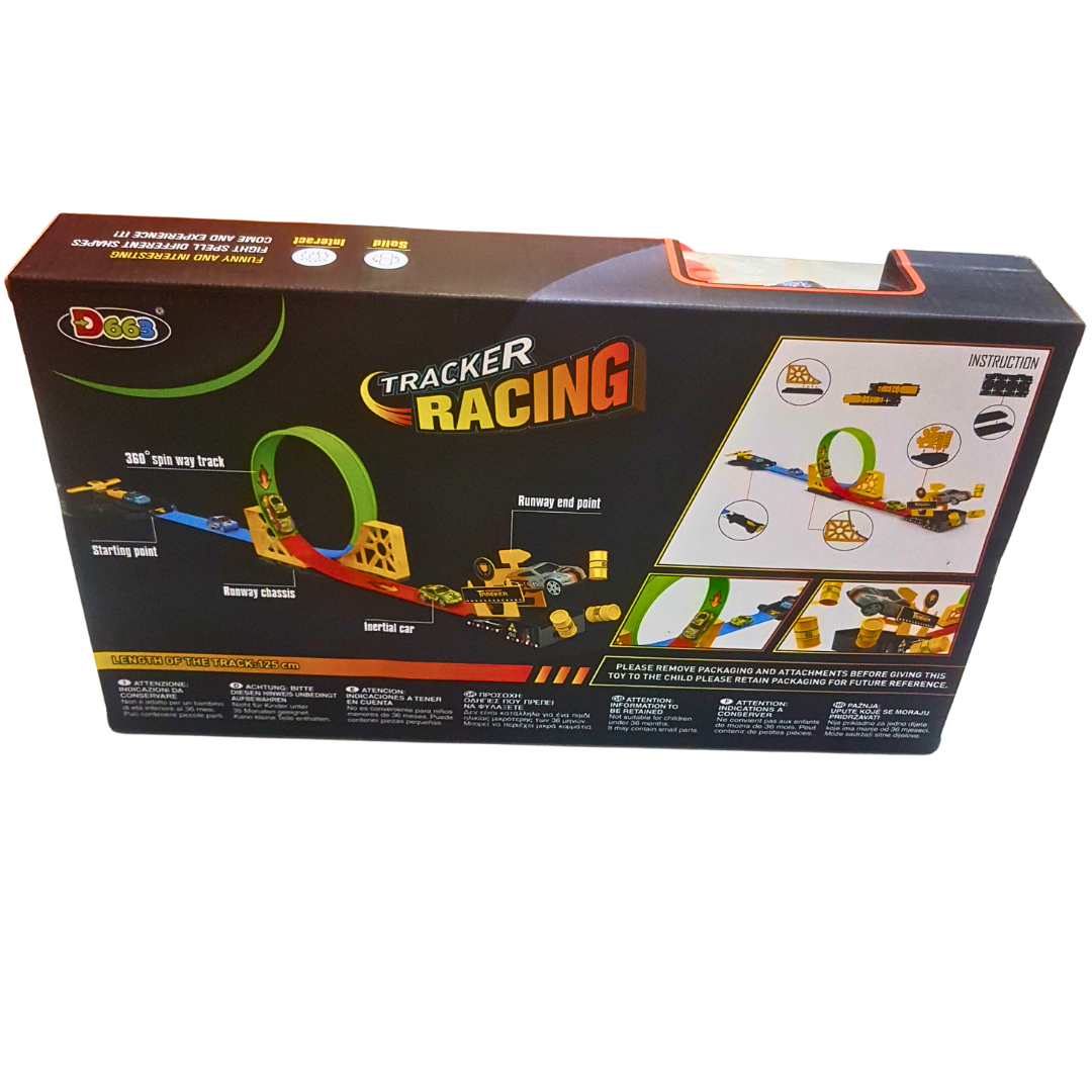 Tracker Racing 360° Loop Track Set – DIY Inertia Car Launcher with Racing Barrels & Speed Ramp (Ages 3+)