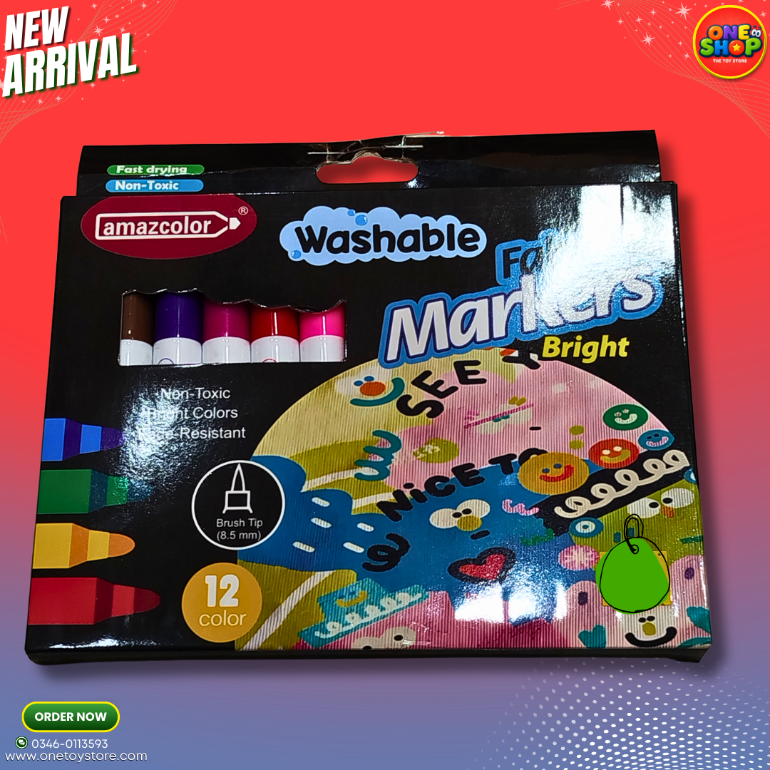 Amazcolor 12 Colors Washable Brush Tip Markers for Kids – Non-Toxic Bright Felt Tip Coloring Pens Set in Pakistan