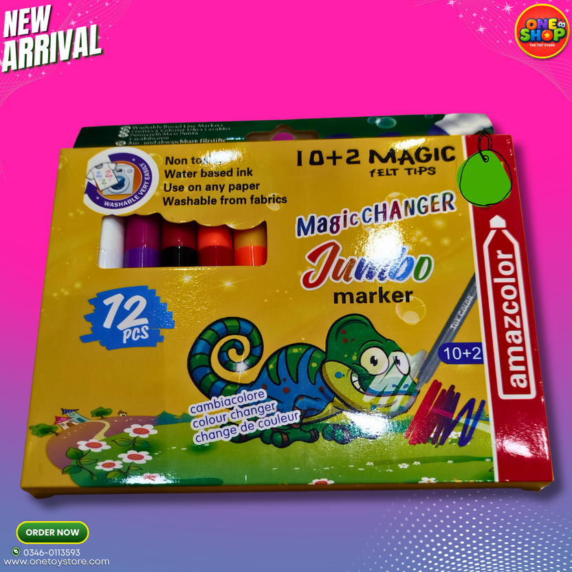 Amazcolor Magic Changer Jumbo Markers 12 Pcs (10+2) – Washable Color Changing Felt Tip Pens for Kids in Pakistan Main image