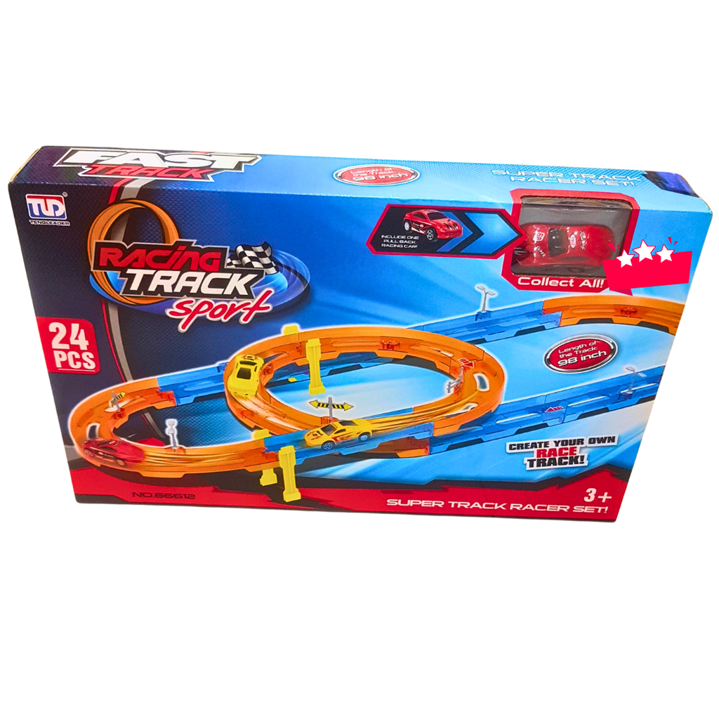 Racing Track Sport Car Playset – 24-Piece DIY Race Track Set with Loop Track, Cars & Ramps (Ages 3+)