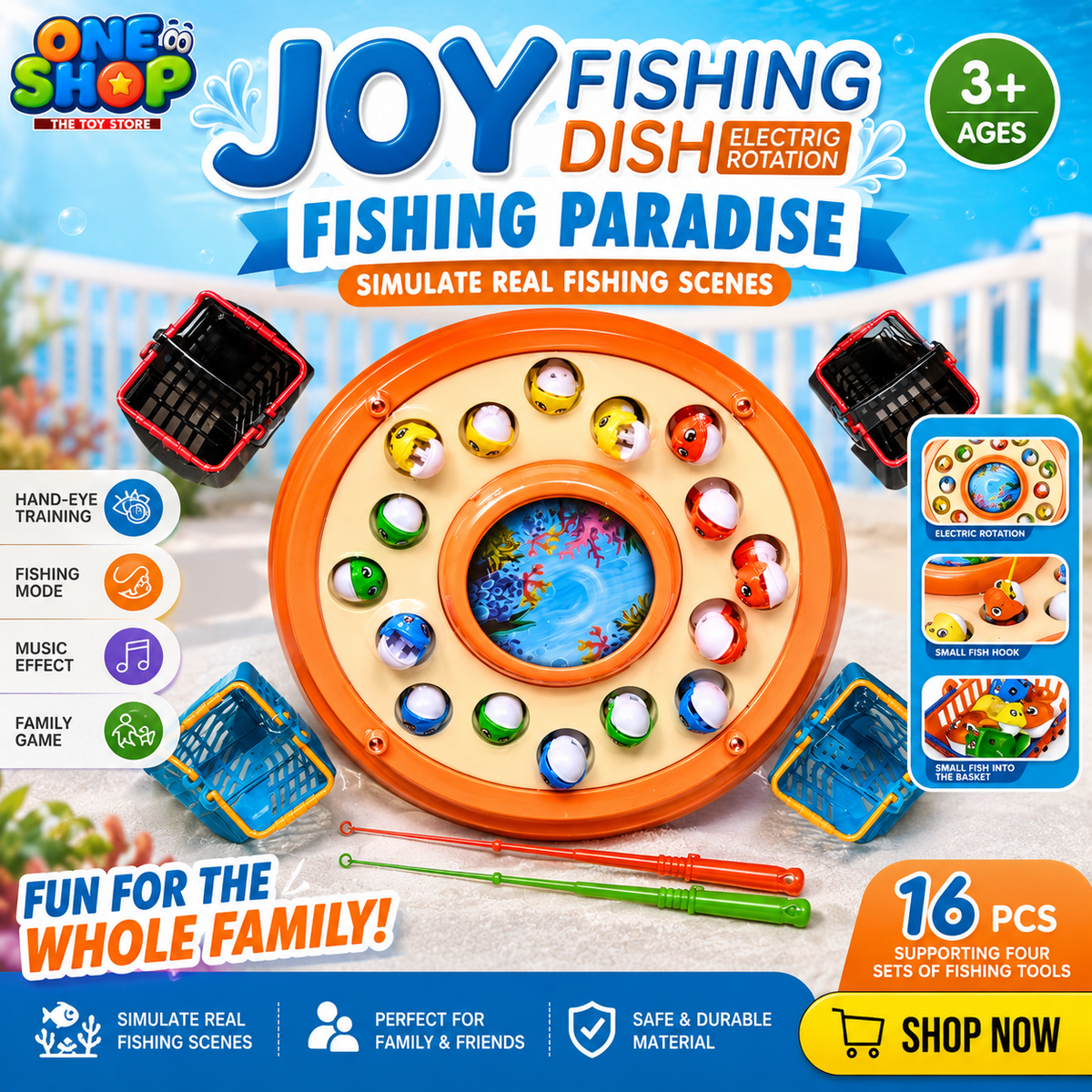 Electric Rotating Fishing Game Toy Set for Kids – Musical Fishing Paradise Board Game with 16 Pieces | Interactive Family Fishing Game for Boys & Girls