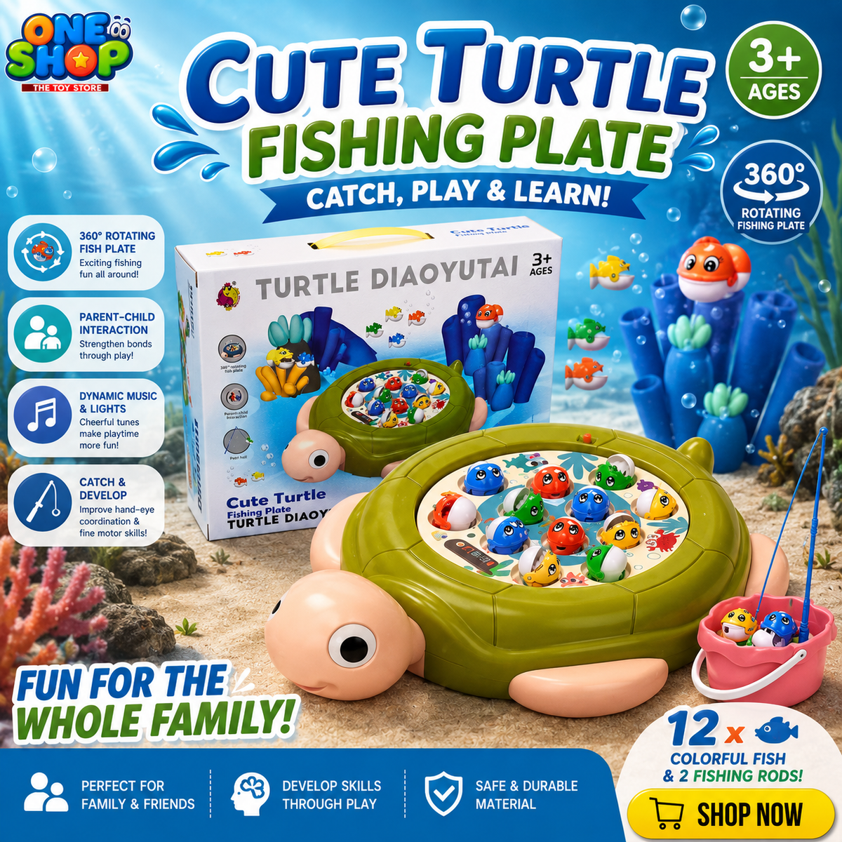 Cute Turtle Fishing Game Toy for Kids – 360° Rotating Musical Fishing Board with Fishing Rods & Fish | Educational Interactive Toy for Boys & Girls Age 3+