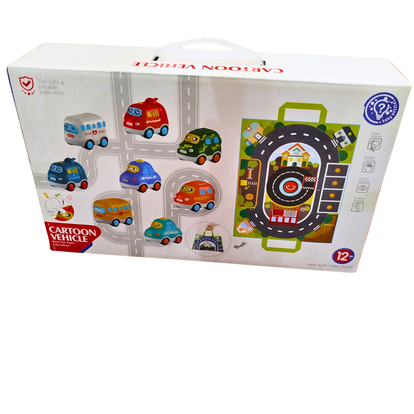 🚗 Huanger Cartoon Vehicle Toy Set with Road Playmat – 8 Mini Cars for Toddlers | Early Learning Toy for 1+ Year