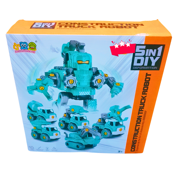 🚧 5-in-1 DIY Construction Truck Robot Toy – Transforming Vehicle & Builder Robot Set for Kids Ages 3+