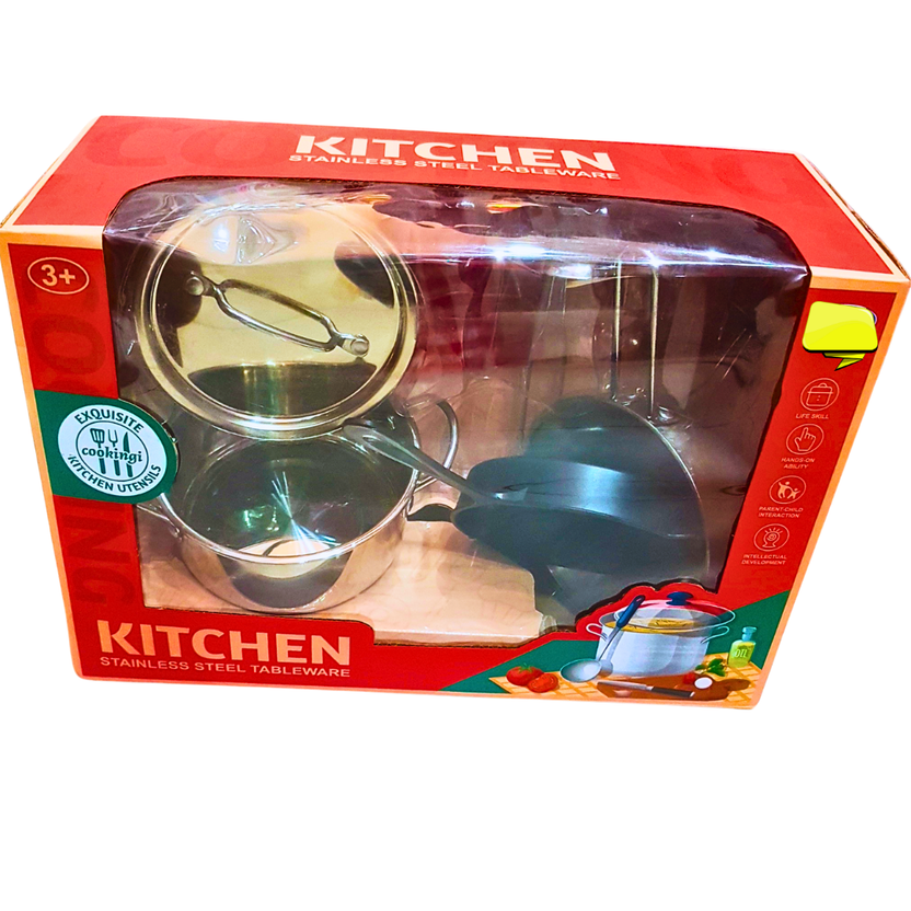Stainless Steel Kitchen Playset for Kids | Pretend Play Cooking Utensils & Tableware | Realistic Kitchen Tools Main image
