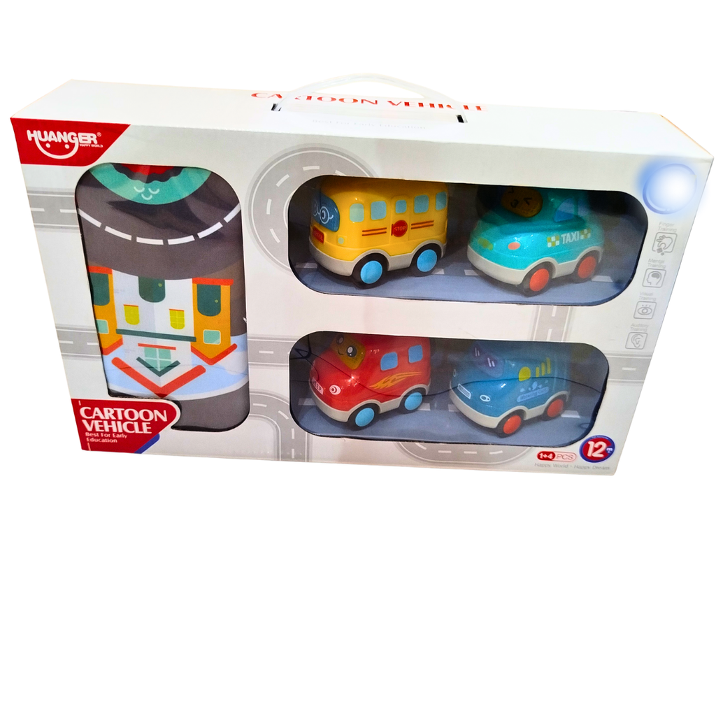 🚗 Huanger Cartoon Vehicle Toy Set with Road Playmat – 8 Mini Cars for Toddlers | Early Learning Toy for 1+ Year