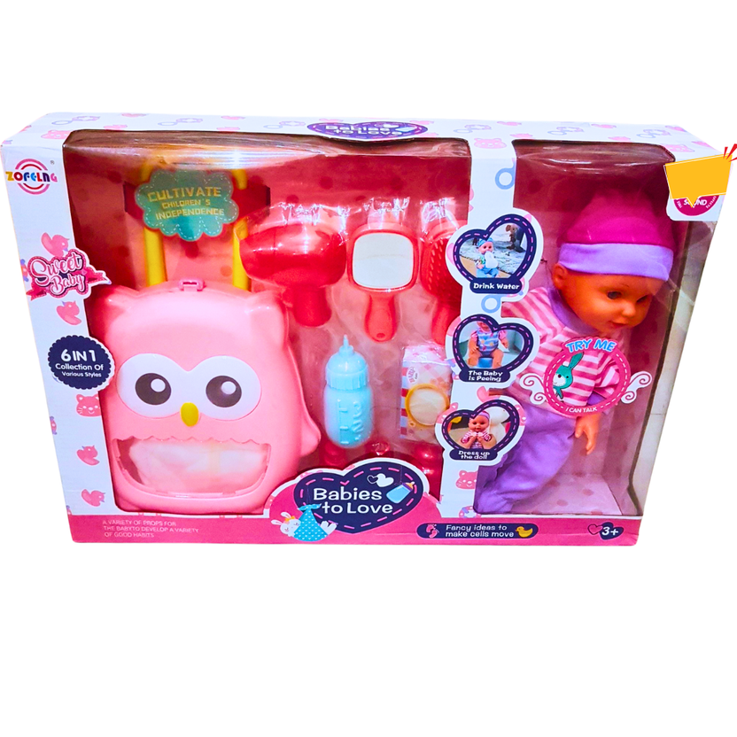 6-in-1 Talking Baby Doll Playset with Accessories - Owl-Themed Backpack & Roleplay Toys | For Kids Aged 3+ Main image