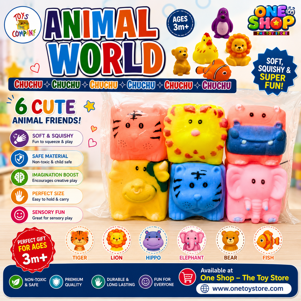 Animal World Soft Squishy Animal Toys Set – 6 Cute Squeeze Animals for Kids | Sensory Stress Relief Toy Pack | Safe & Non-Toxic Squishy Toys for Boys & Girls 3+ Years