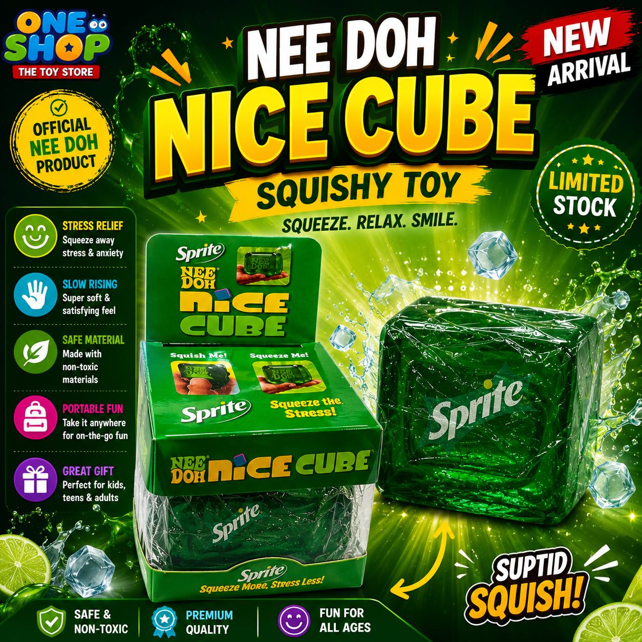 NeeDoh Nice Cube Squishy Toy – Sprite Ice Cube Stress Relief Squeeze Toy | Slow Rising Sensory Fidget Toy for Kids & Adults | Super Soft Non-Toxic Squishy