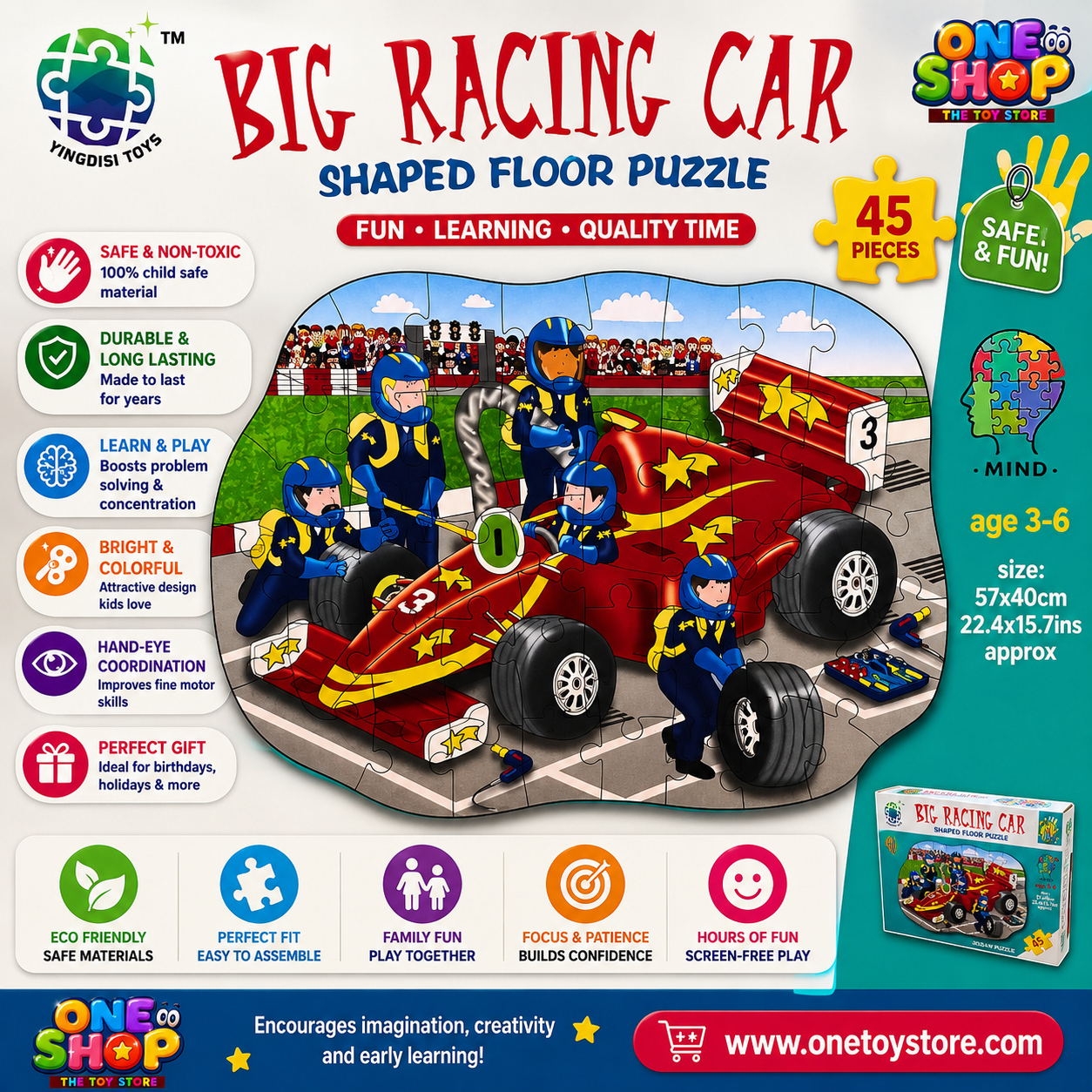 Big Racing Car Shaped Floor Puzzle – 45 Pieces Educational Jigsaw Puzzle for Kids | Racing Car Learning Puzzle Game | STEM Toy for Boys & Girls Ages 3-6 Years