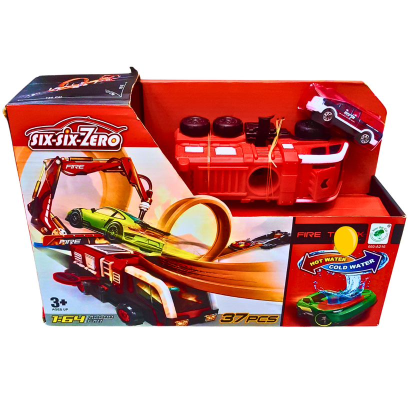 Six-Six-Zero Fire Rescue Loop Track Set - 37-Piece Car Playset with 360° Loop and Firetruck Launcher for Kids Main image