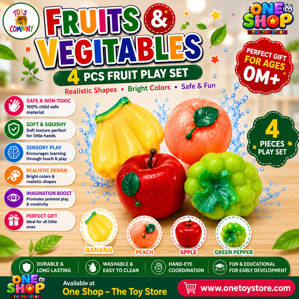 Fruits & Vegetables Soft Squishy Fruit Toy Set – 4PCS Sensory Squeeze Toys for Kids | Non-Toxic Educational Pretend Play Fruits for Toddlers 6M+