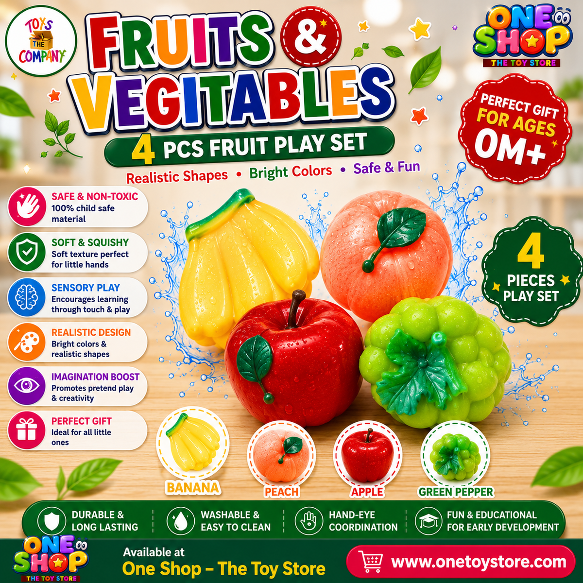 Fruits & Vegetables Soft Squishy Fruit Toy Set – 4PCS Sensory Squeeze Toys for Kids | Non-Toxic Educational Pretend Play Fruits for Toddlers 6M+