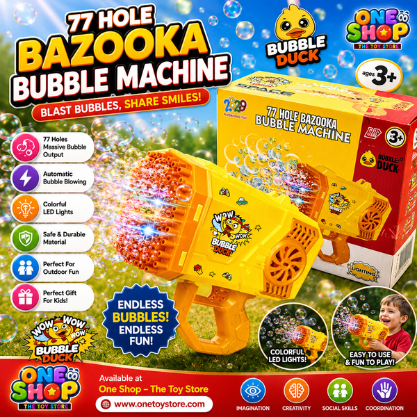 77 Hole Bazooka Bubble Machine Gun for Kids | Automatic Bubble Blaster with LED Lights | Bubble Duck Bubble Maker Toy for Boys & Girls 3+