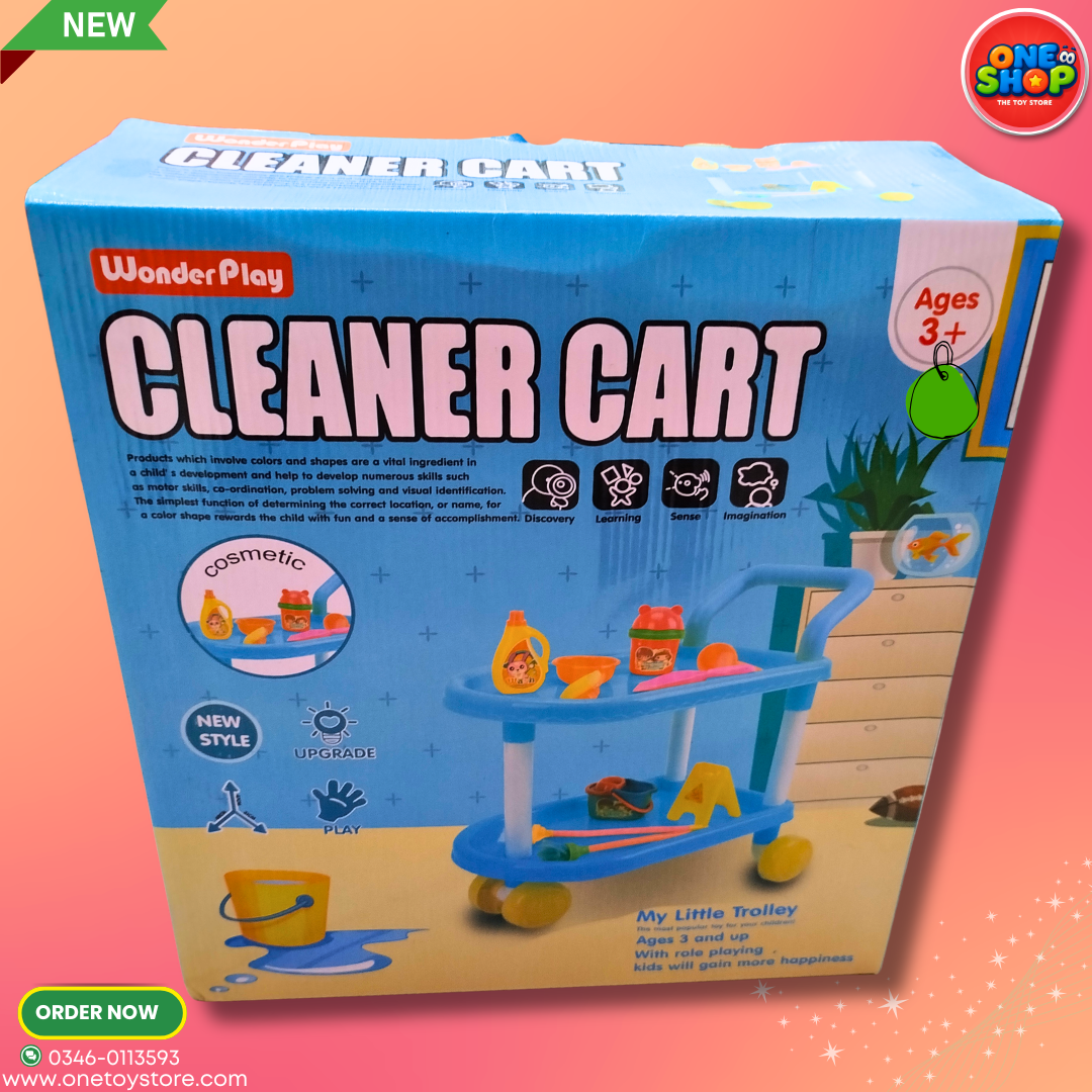 Kids Cleaning Trolley Set with Mop & Accessories – WonderPlay Cleaner Cart Pretend Play Housekeeping Toy for Boys & Girls 3+ Years
