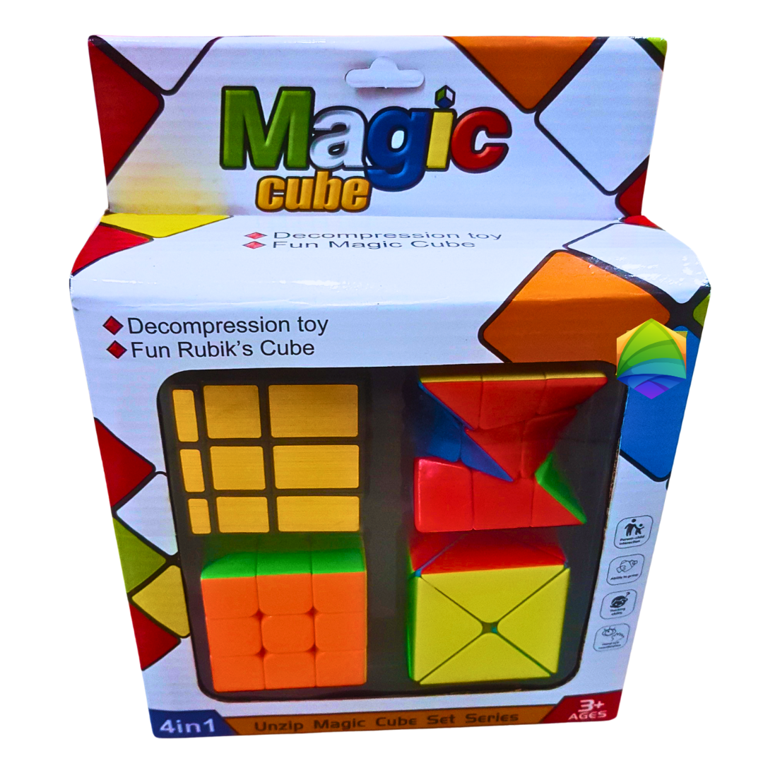 4-in-1 Magic Cube Puzzle Set for Kids & Adults – Brain Teaser Toy Combo with Rubik’s Cube, Speed Cube, and Fidget Cubes – Stress Relief Toy for Ages 3+