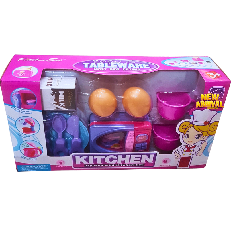Kids Mini Kitchen Microwave Play Set – Pretend Cooking Toy with Eggs, Milk Carton & Utensils | Tableware Play Set for Girls (3+ Years) Main image