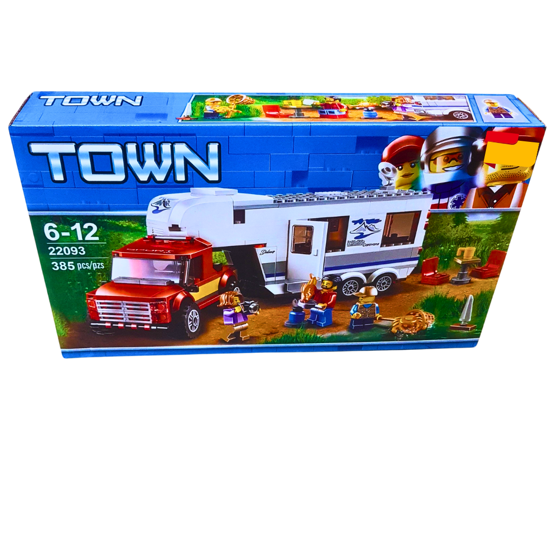 Town Camper Trailer Building Set – 385-Piece Adventure RV & Pickup Truck Playset with Mini Figures (Ages 6-12)