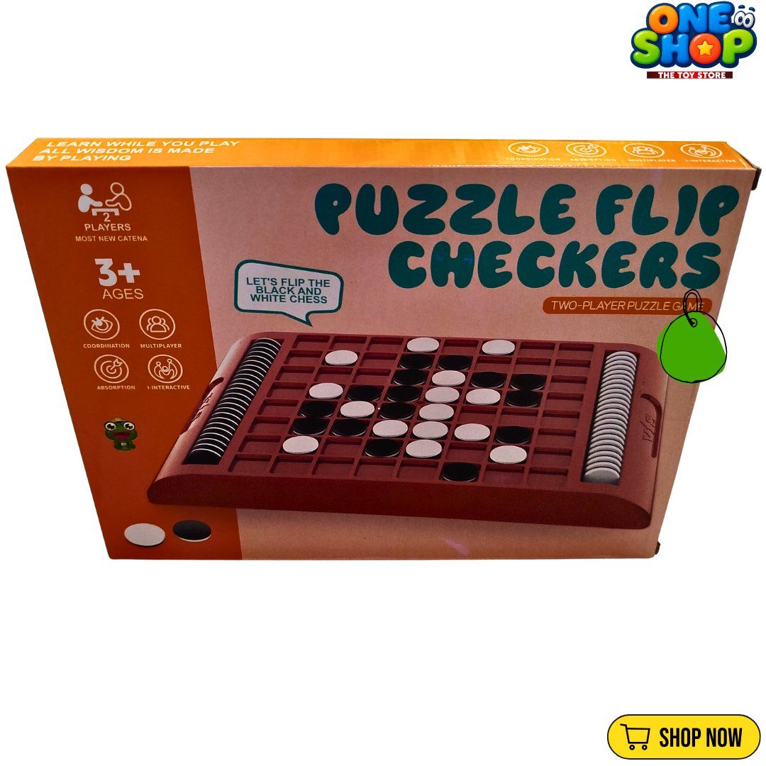 Puzzle Flip Checkers Board Game for Kids – 2 Player Strategy Puzzle Game with Reversible Black & White Checkers | Educational Family Board Game Age 3+