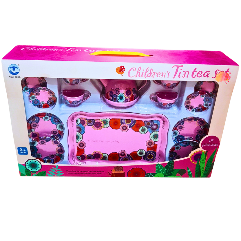 Pink Floral Children's Tin Tea Set - 15 PCS Elegant Playset Main image
