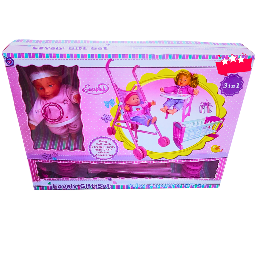 3-in-1 Baby Doll Playset with Stroller, Crib & High Chair – Lovely Gift Set for Girls | Pretend Play Toy in Pakistan Main image