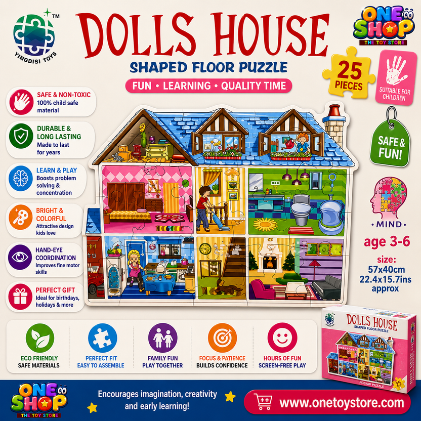 Dolls House Shaped Floor Puzzle – 25 Piece Educational Jigsaw Puzzle for Kids | Dollhouse Learning Puzzle Game | Preschool STEM Toy for Girls & Boys Ages 3-6 Years Main image