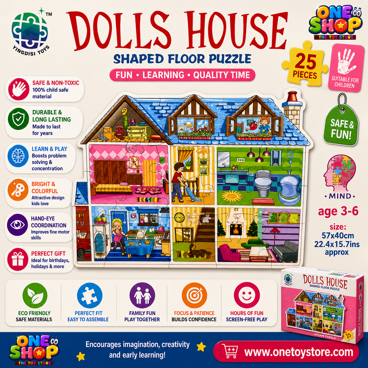 Dolls House Shaped Floor Puzzle – 25 Piece Educational Jigsaw Puzzle for Kids | Dollhouse Learning Puzzle Game | Preschool STEM Toy for Girls & Boys Ages 3-6 Years