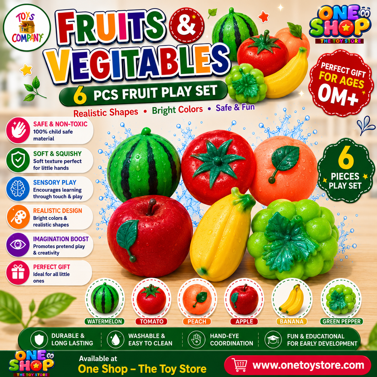 Fruits & Vegetables Soft Play Food Set – 6PCS Squishy Fruit Toys for Kids | Educational Pretend Play Food | Non-Toxic Sensory Learning Toys for Toddlers 0M+