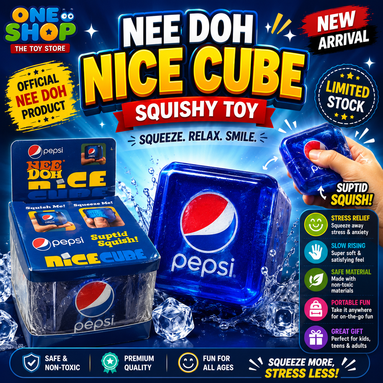 NeeDoh Nice Cube Squishy Toy – Pepsi Ice Cube Stress Relief Squeeze Toy | Slow Rising Sensory Fidget Toy for Kids & Adults | Super Soft Non-Toxic Squishy
