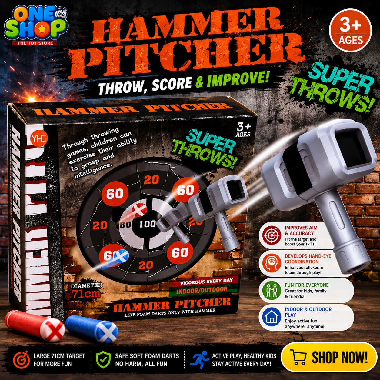 Hammer Pitcher Target Throwing Game for Kids – Indoor & Outdoor Foam Dart Hammer Toss Game with 71cm Target Board | Fun Skill Development Toy for Boys & Girls Age 3+