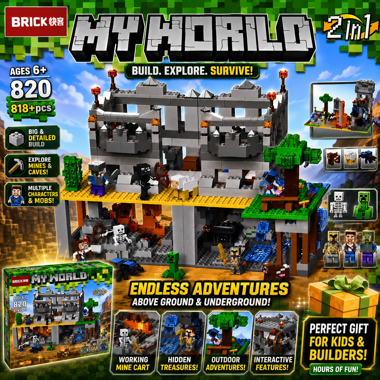 My World 2-in-1 Underground Fortress Building Blocks Set – 818+ Pieces Adventure Construction Toy with Figures for Kids 6+
