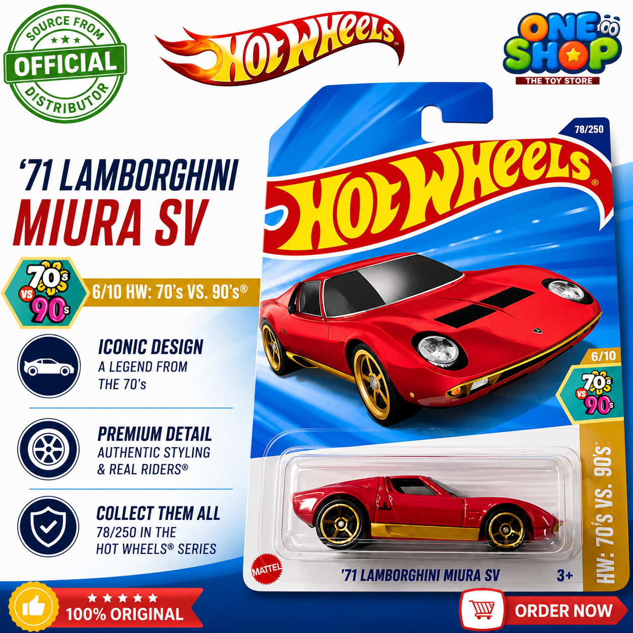 Hot Wheels ’71 Lamborghini Miura SV Die-Cast Car 2025 – Classic Super Sports Car Toy for Kids & Collectors