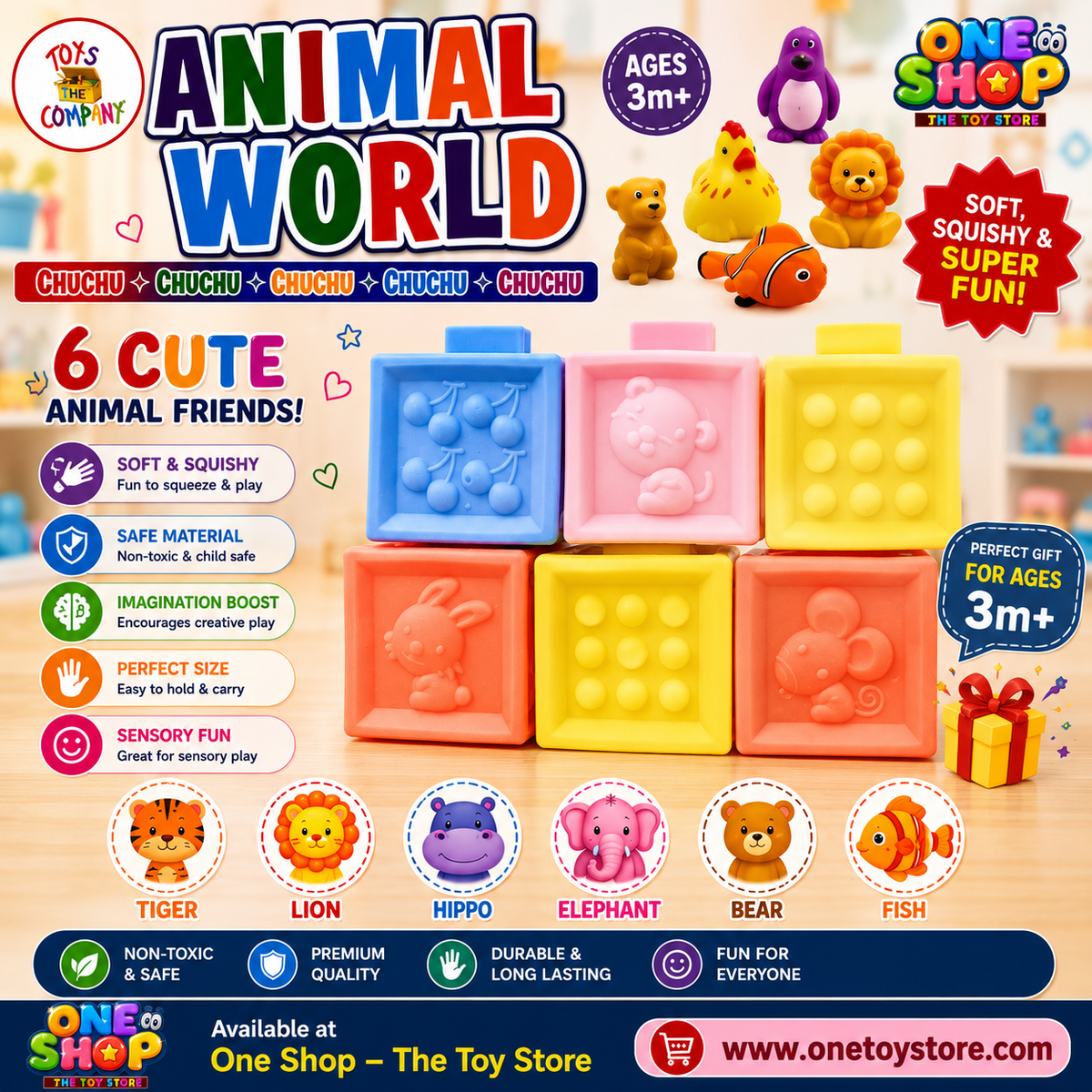 Animal World Soft Building Blocks for Kids – 6PCS Squishy Educational Stacking Blocks | Safe Non-Toxic Sensory Learning Toy for Toddlers & Preschool Children 3+ Years
