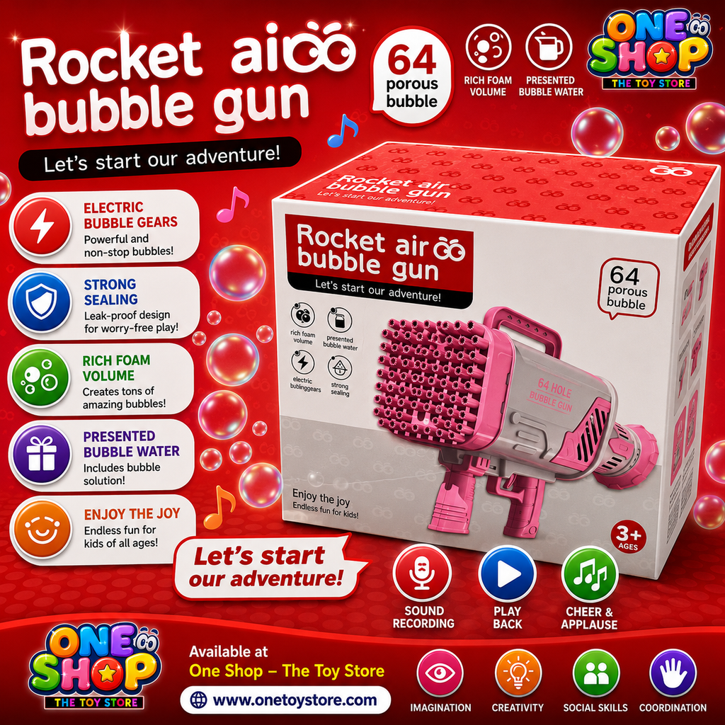 64-Hole Rocket Air Bubble Gun for Kids | Automatic Bubble Machine Blaster with LED Lights | Giant Bubble Maker Toy for Boys & Girls Age 5+