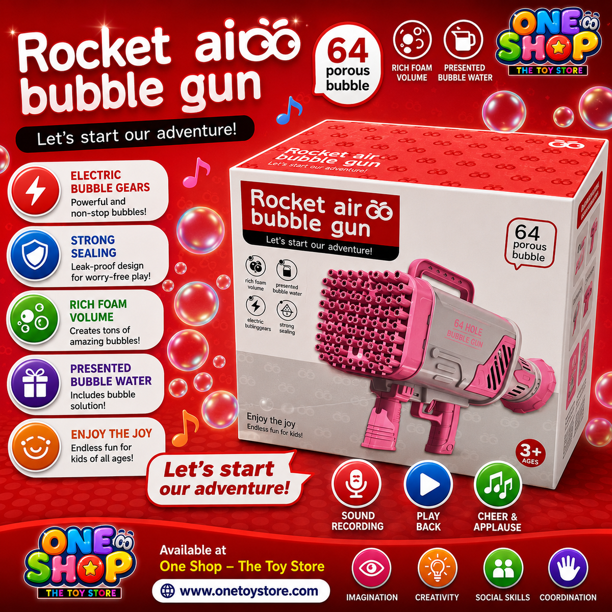 64-Hole Rocket Air Bubble Gun for Kids | Automatic Bubble Machine Blaster with LED Lights | Giant Bubble Maker Toy for Boys & Girls Age 5+