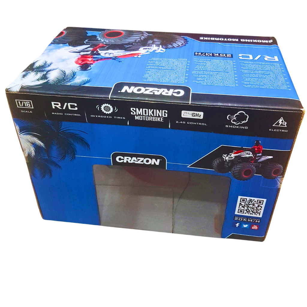 CraZon 1:16 Scale RC Stunt Motorbike – High-Speed Remote Control Quad Bike with Oversized Tires & Realistic Smoke Effect (20KM/H, 2.4GHz Control, Rechargeable)