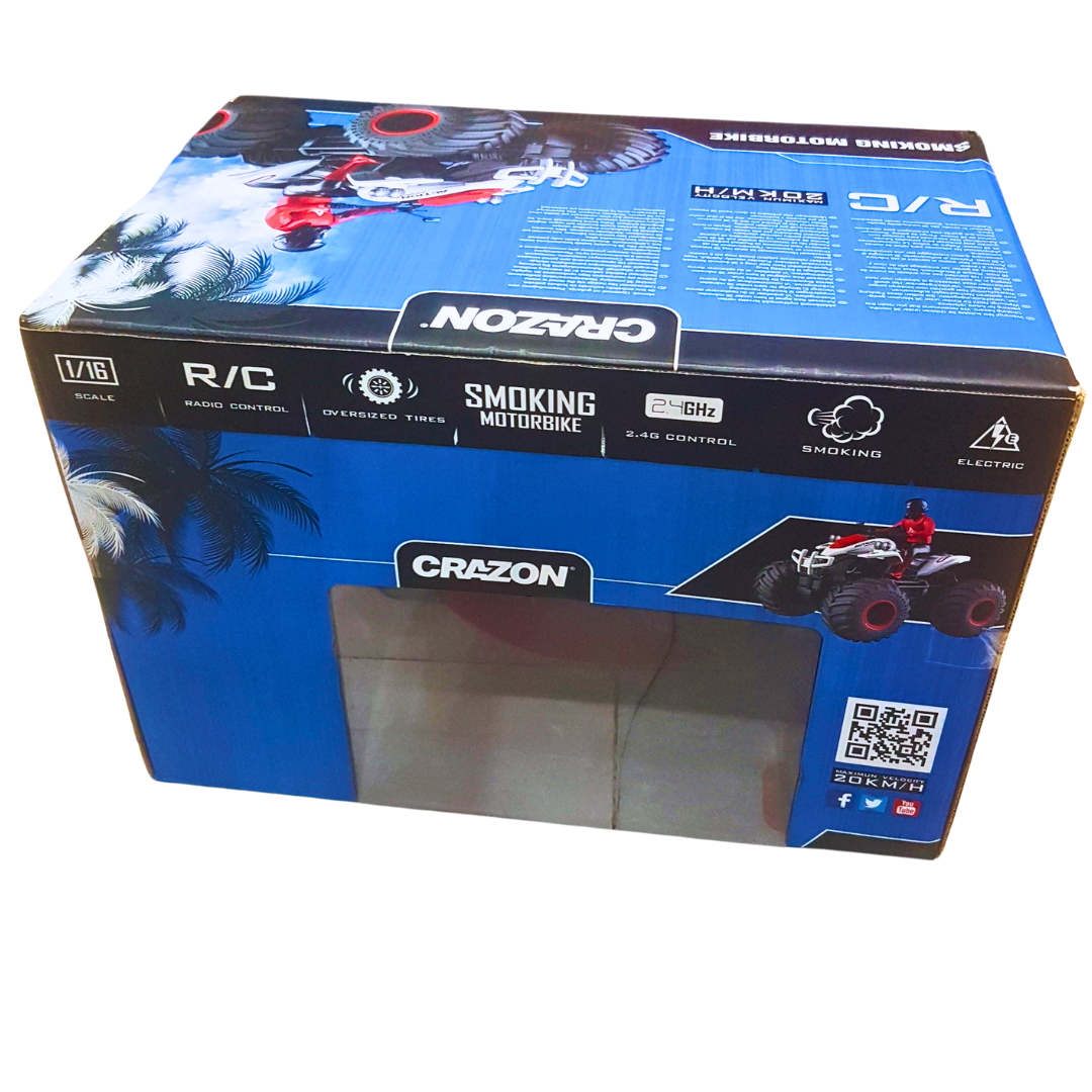 CraZon 1:16 Scale RC Stunt Motorbike – High-Speed Remote Control Quad Bike with Oversized Tires & Realistic Smoke Effect (20KM/H, 2.4GHz Control, Rechargeable)