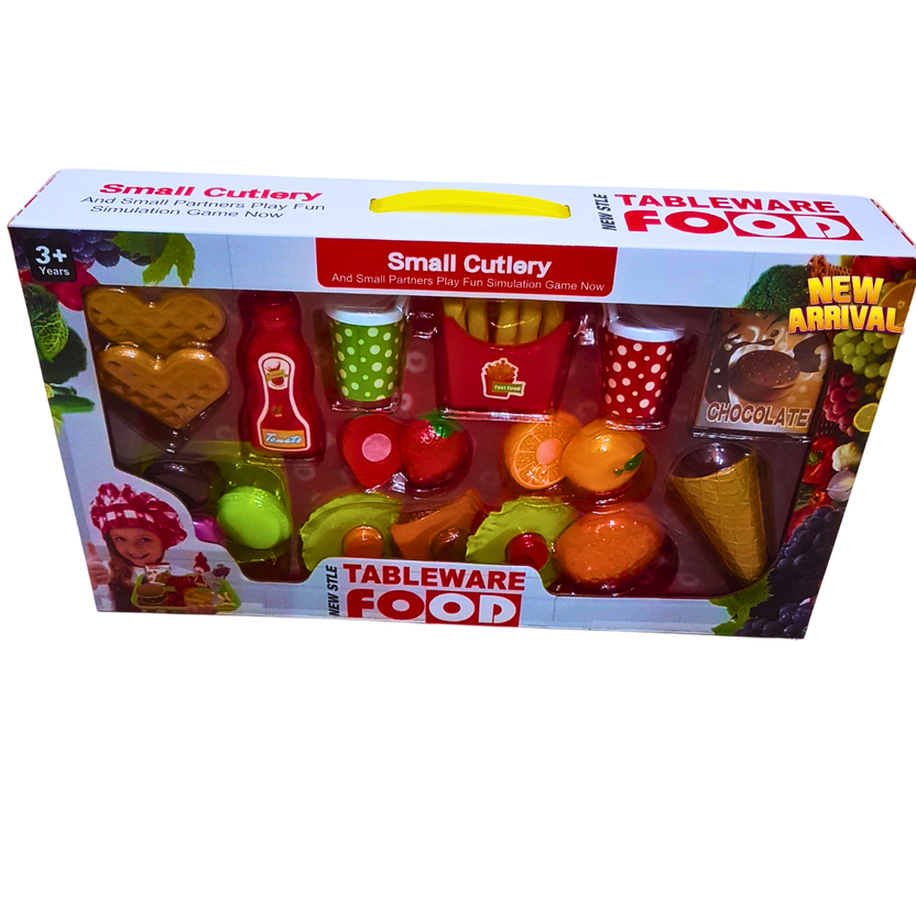 Pretend Play Food & Tableware Set for Kids – 25+ Piece Fast Food & Fruit Toy Set with Drinks, Fries & Cutlery | Role Play Kitchen Toy for Ages 3+ Main image