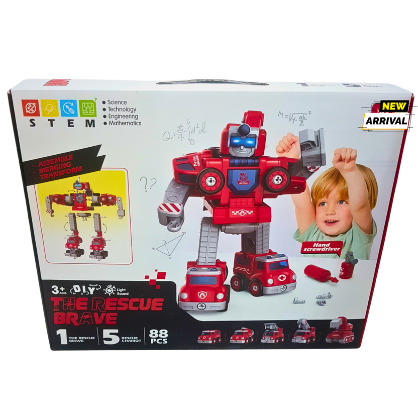STEM Rescue Brave 5-in-1 Transforming Robot Set | 88 Pieces | DIY Light & Sound Educational Toy for Kids 3+ | New Arrival in Pakistan Main image