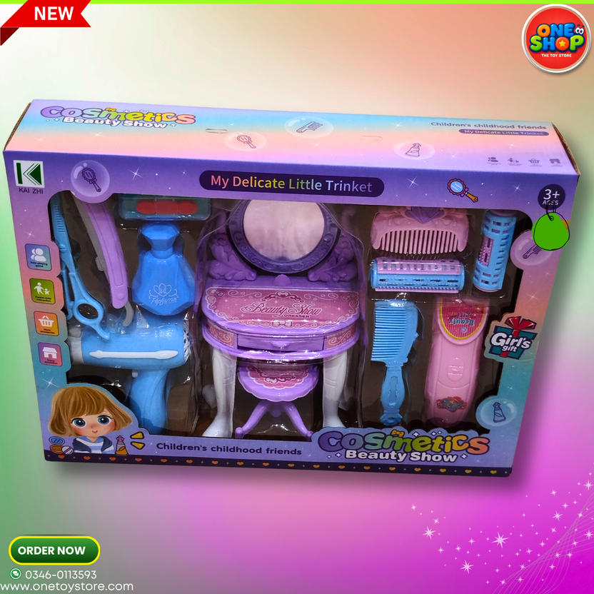 Kids Beauty Makeup Set Toy with Dressing Table – Cosmetic Pretend Play Vanity Set for Girls with Mirror, Hair Dryer & Accessories (Ages 3+) Main image
