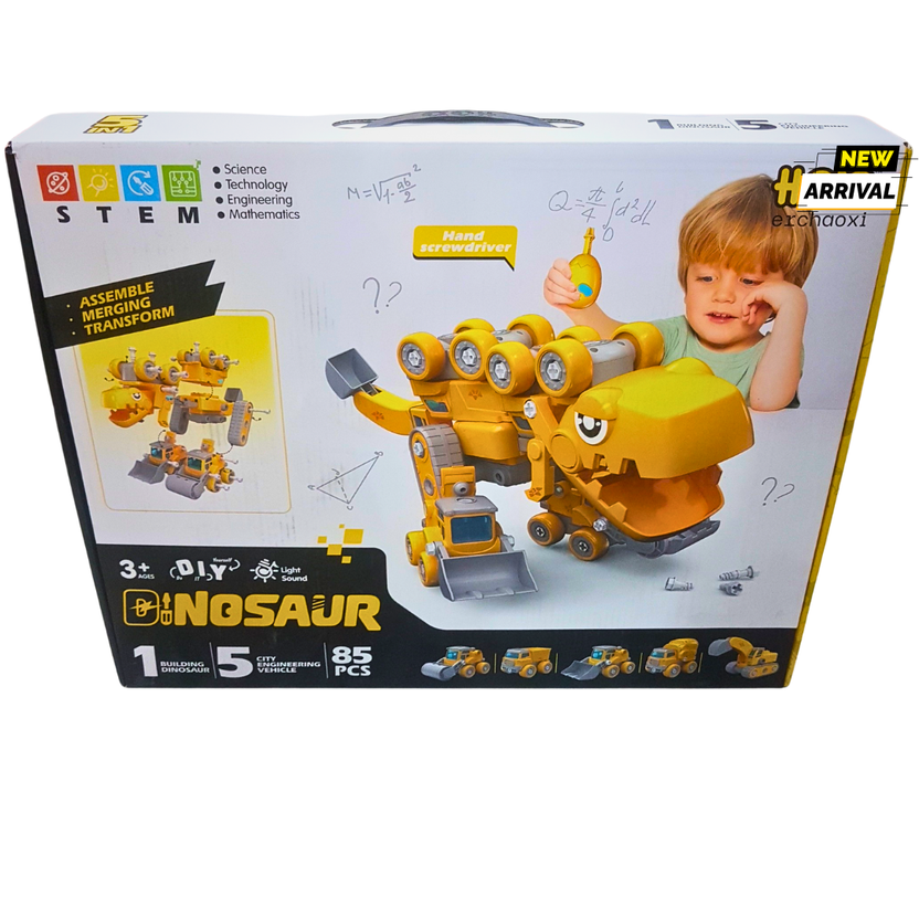 STEM Dinosaur Transforming Construction Vehicle Set | 85 Pieces | DIY Light & Sound Educational Toy for Kids 3+ | New Arrival in Pakistan Main image