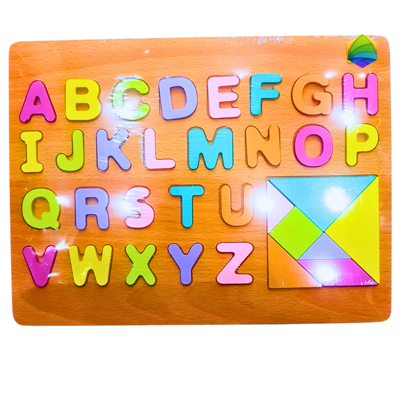 Wooden Alphabet Puzzle Board with Tangram – A to Z Learning Toy with Shapes for Kids | Montessori Educational Toy Main image