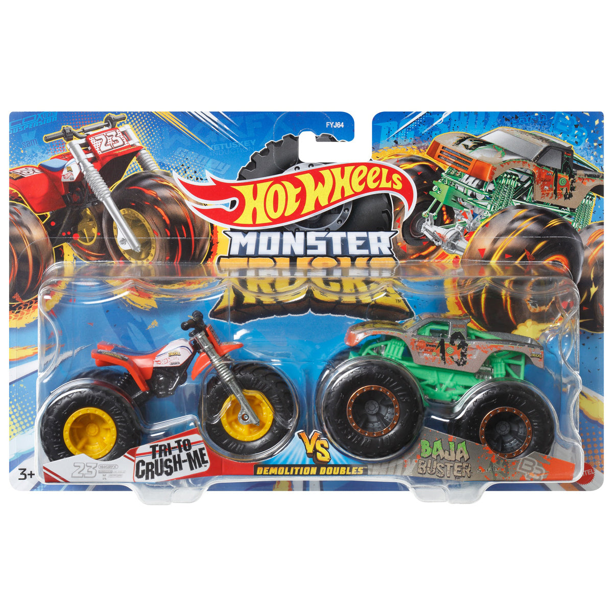 Hot Wheels Monster Trucks Demolition Doubles Tri To Crush Me VS Baja Buster