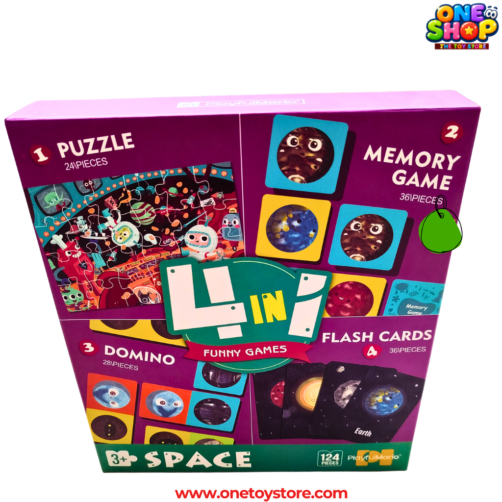 4-in-1 Space Educational Game Set for Kids – Puzzle, Memory Game, Domino & Flash Cards | 124 Pieces STEM Learning Activity Box | Space Toys for Kids Age 3+