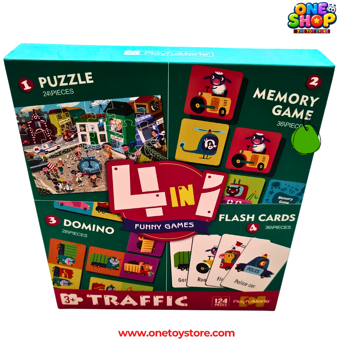 4-in-1 Traffic Educational Game Set for Kids – Puzzle, Memory Game, Domino & Flash Cards | 124 Pieces Learning Activity Box | Vehicle & Transportation Toy for Kids Age 3+
