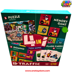 4-in-1 Traffic Educational Game Set for Kids – Puzzle, Memory Game, Domino & Flash Cards | 124 Pieces Learning Activity Box | Vehicle & Transportation Toy for Kids Age 3+